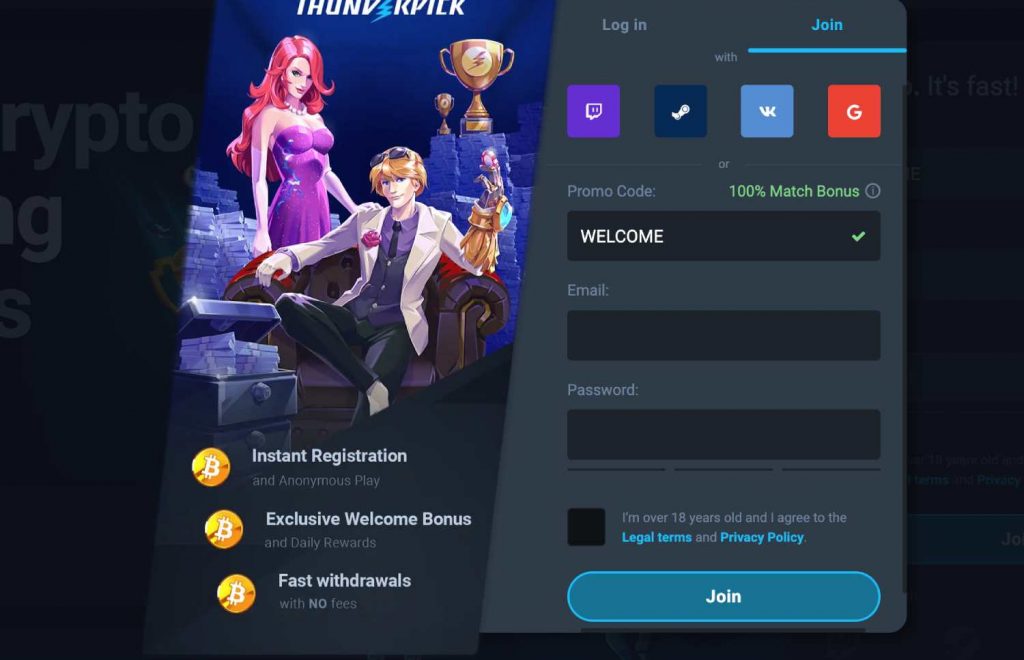 Signing up at Thunderpick can be done in various ways